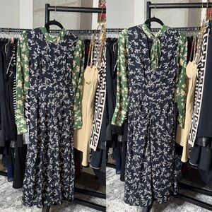 Kachel X Anthropologie Floral Tie Neck Midi Dress Green Black Womens Size 4 EUC